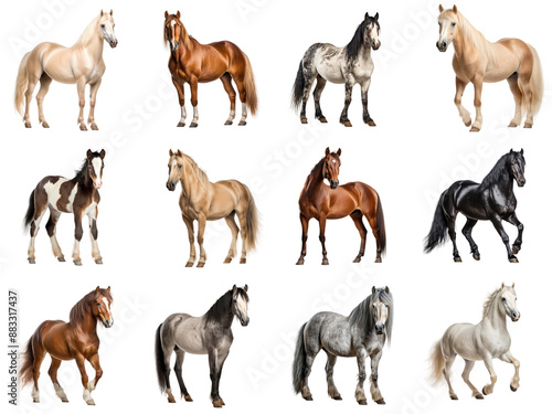 Set of horses with different coat colors isolated on white or transparent background, png clipart, design element. Easy to place on any other background.