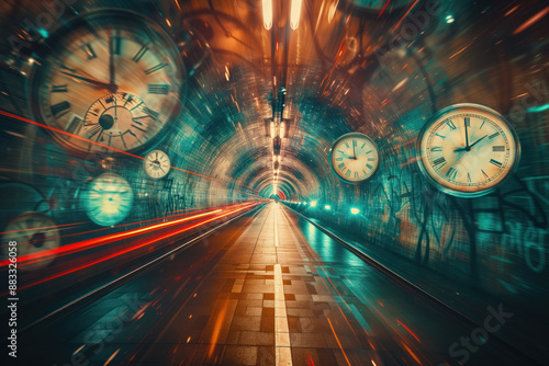 Time travel traffic is captured in hyperspace tunnel lined with clocks surreal visual manner AI Generative