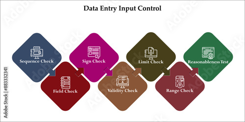 Seven data entry input control - Sequence, field, sign, validity, limit, range, reasonableness check. Infographic template with icons and description placeholder