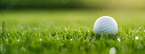  A white golf ball atop a verdant, dewy grass field - grasses draped in lush greenery, adorned with drops of dew