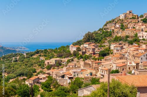 View on the small village of Corbara, located in the northwest of Corsica, a French island in the Mediterranean Sea