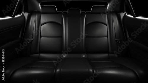 Luxurious black leather rear car seats with a central armrest and seat belt buckles. The image showcases a modern and comfortable car interior.