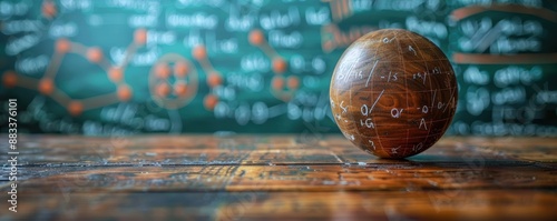 Beautifully crafted wooden sphere with complex mathematical formulas inscribed on it, placed on a rustic wooden table against a backdrop of a chalkboard filled with scientific notations