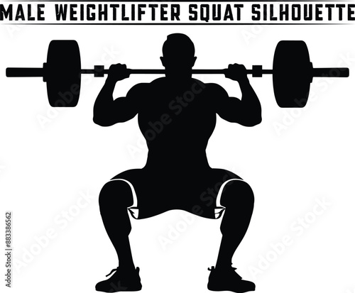 Weightlifter squat silhouette, powerlifter exercise, weight lifting muscle man or bodybuilder weightlifting weights in silhouette.