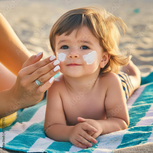  Mama smaruje twarz dziecka leżącego na plaży kremem przeciwsłonecznym