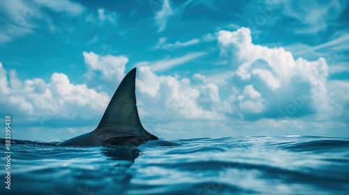 A shark fin protruding from the water against a backdrop of a bright, partly cloudy sky in the ocean.