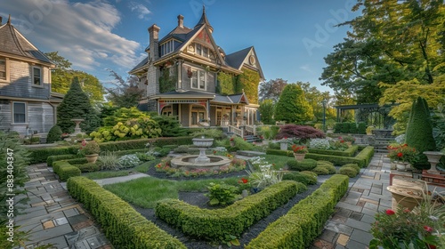 Suburban Victorian home with a formal parterre garden, meticulously maintained to reflect the home's historical significance and architectural style