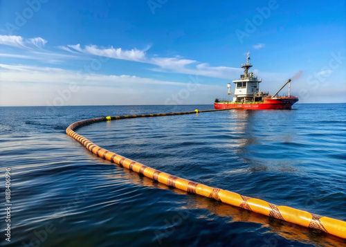 Offshore vessel deploys floating barrier boom to contain oil slick during drill, calm sea and clear sky create stark contrast to environmental threat scenario.