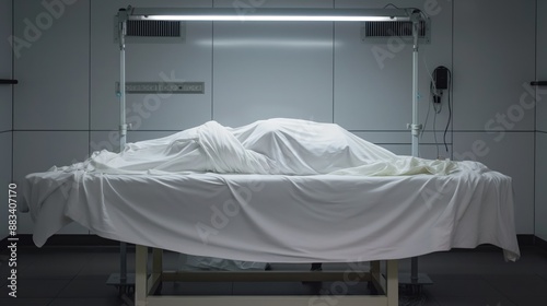 A sheet-covered figure lies on an illuminated autopsy table in a sterile, dimly-lit morgue environment.