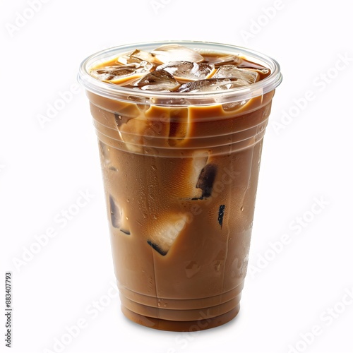 Iced coffee in plastic disposable togo cup or coffee latte in take away or to go cup isolated on white background including clipping path front view