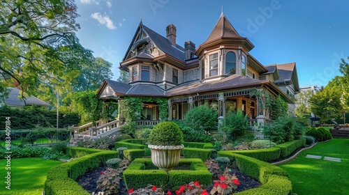 Suburban Victorian home with a formal parterre garden, meticulously maintained to reflect the home's historical significance and architectural style