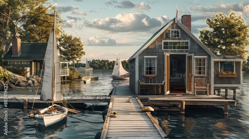 The custom-crafted sailboat dock of a Suburban Cape Cod home, equipped with a boathouse and vintage nautical decor, reflecting the maritime heritage of the area