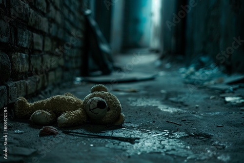 World Day Against Trafficking in Persons. National Human Trafficking Awareness Day. Concept of human trafficking. A child's toy lying abandoned in an alleyway with dark shadows around