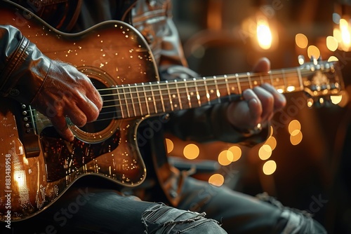 Close-up of musician's hands playing an acoustic guitar with warm bokeh lights in the background, capturing the essence of live music performance and artistic expressionguitar