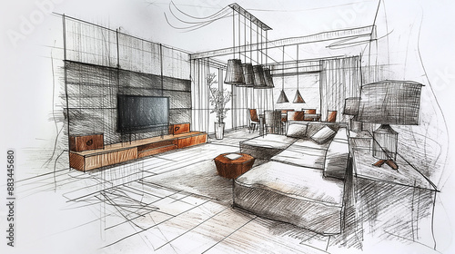 Interior designer drawing modern living room design on paper