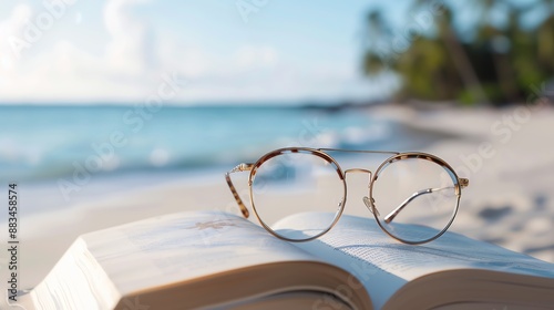 A pair of eyeglasses resting on an open book on a sandy beach with a calm ocean and palm trees in the background.