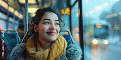 Woman on bus looking out window