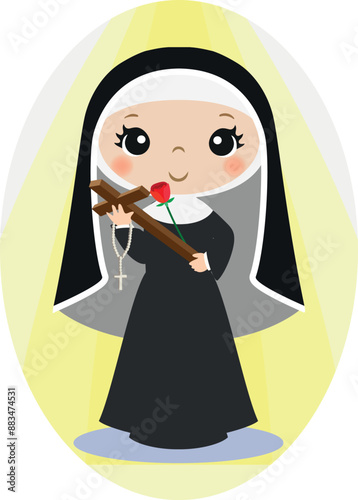 illustration of santa rita de cascia, religious saint, drawing for children, nun, with cross, rose and halo of light, holiness