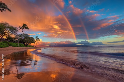 A beautiful beach with a rainbow in the sky. The sky is a mix of orange and pink colors