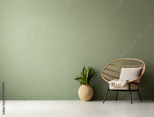 Living room interior with empty olive green wall for mockups. Cozy armchair near green plants. Minimalist promotional background with copy space.