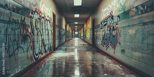 Endless Maze of Cynicism: An abandoned hallway lined with graffiti expressing disillusionment.