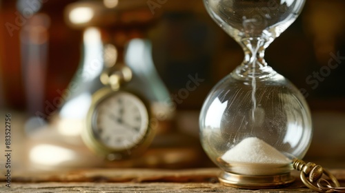 An old pocket watch next to an hourglass, symbolizing the passage of time and the inevitability of death. Excellent for illustrating articles about the passage of time, history, reflections on life