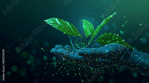 Sustainable economy concept as an abstract digital hand supporting a plant on a technological blue background