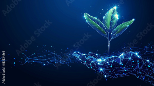 Sustainable economy concept as an abstract digital hand supporting a plant on a technological blue background