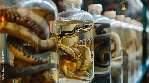 Close-up of animals preserved in formaldehyde