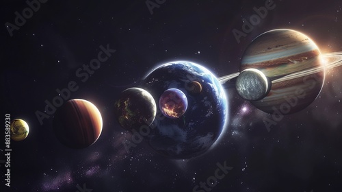 This image shows planets aligned with Earth in the center, displayed artistically within a galactic setting, highlighting their unique features and the vastness of space.