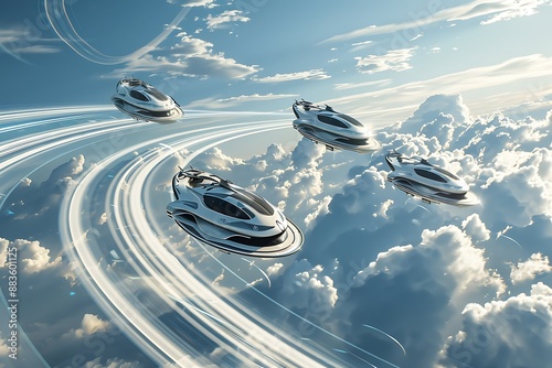 A futuristic racetrack in the sky, with hovercrafts racing at blistering speeds, their trails creating intricate patterns in the atmosphere
