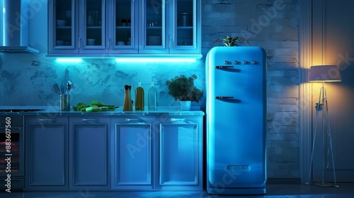 A sleek blue refrigerator is bathed in ambient lighting within a contemporary kitchen setting, surrounded by cabinets and utensils, creating a modern, stylish environment.