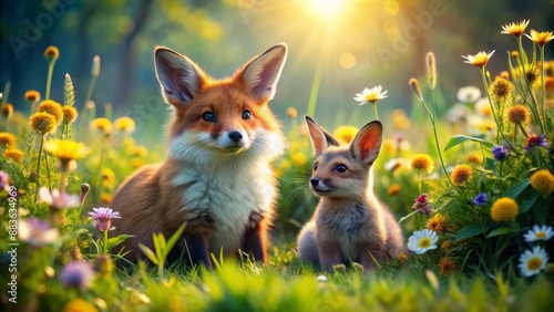 Adorable bunny and cunning fox sitting together on a lush green meadow surrounded by vibrant wildflowers and sunny afternoon light.