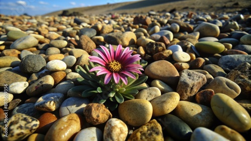 A solitary, vibrant flower blooms amidst a sea of dull, uniform stones, symbolizing independence and individuality in a conformist landscape.