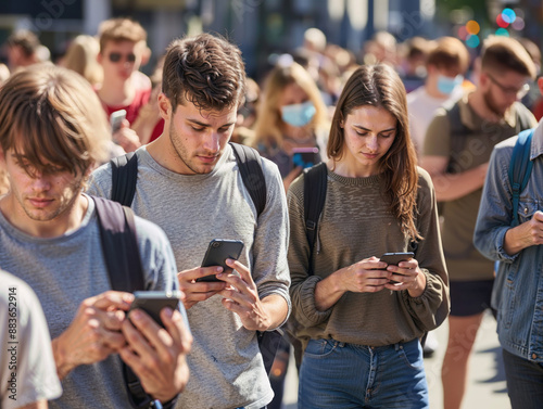 Pessoas imersas em seus smartphones enquanto caminham nas ruas, alheias ao mundo real. Dependência digital e alienação na era moderna