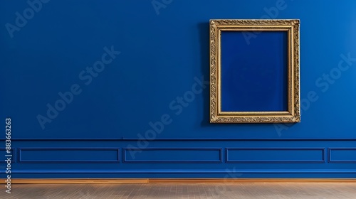 Antique art fair gallery frame on royal blue wall at auction house or museum exhibition blank template with empty white copyspace for mockup design artwork concept : Generative AI