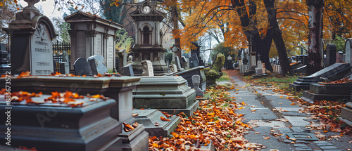 Spooky cemetery scene with rows of tombstones and eerie mausoleums under stormy skies at dusk.