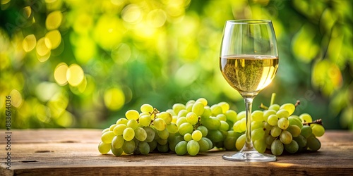 A Glass of White Wine with Green Grapes on a Wooden Table, Wine, Vineyard, Summer, Grapes