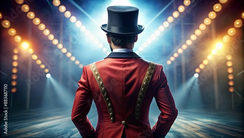 The Ringmaster's Back, A portrait of a ringmaster in a red jacket, top hat, and golden trimmings, standing on stage with a spotlight shining on him.