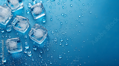 Close-up of frosty ice cubes with dew-like water droplets on a bold blue background