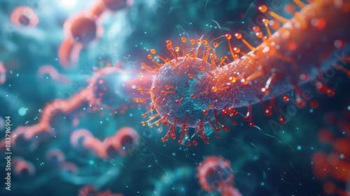 Vibrant viral particles in detailed microscopic view, showing red spiky structures against a blurred blue-green background, highlighting connection between virus and host cells
