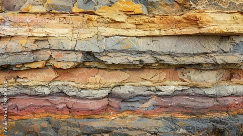 A close-up of a rock face, showing layers of sediment