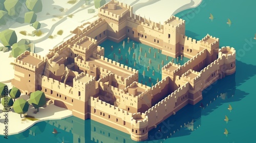 illustration of an archaic castle surrounded by a moat AI generated illustration