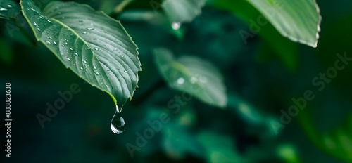 Close up view of a rainwater drop dripping from a leaf during monsoon season