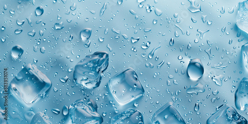 A blue background with Ice Cubes In Water drops, creating an icy effect for commercial use.