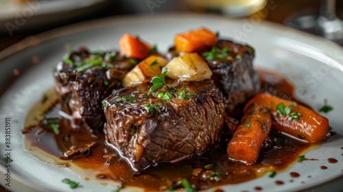 A plate of braised beef with carrot