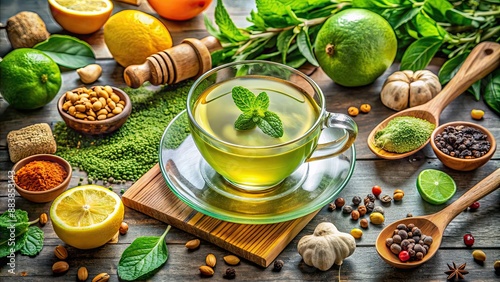 A vibrant stock photo of a cup of green tea surrounded by ingredients for a weight loss diet