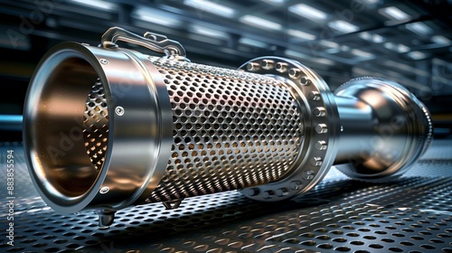 Detailed 3d illustration of a diesel particulate filter and catalytic converter showcasing intricate metal components and exhaust system components in a realistic industrial setting.