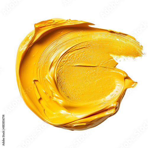 Close-up of vibrant yellow paint smear on white background, showing texture and brush strokes in a swirled pattern.