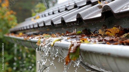 Rainwater overflowing from a clogged white gutter